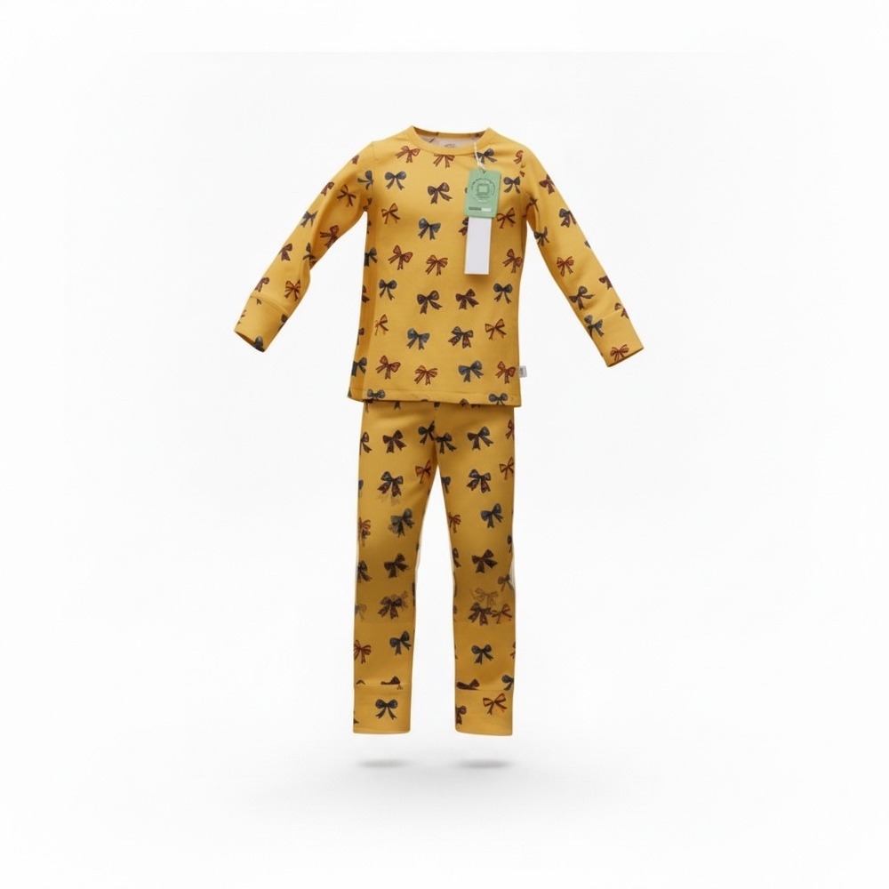 Minikin Mischief Kids Bamboo Viscose Pajama Set Mustard Yellow Bows Size 5/6 NEW